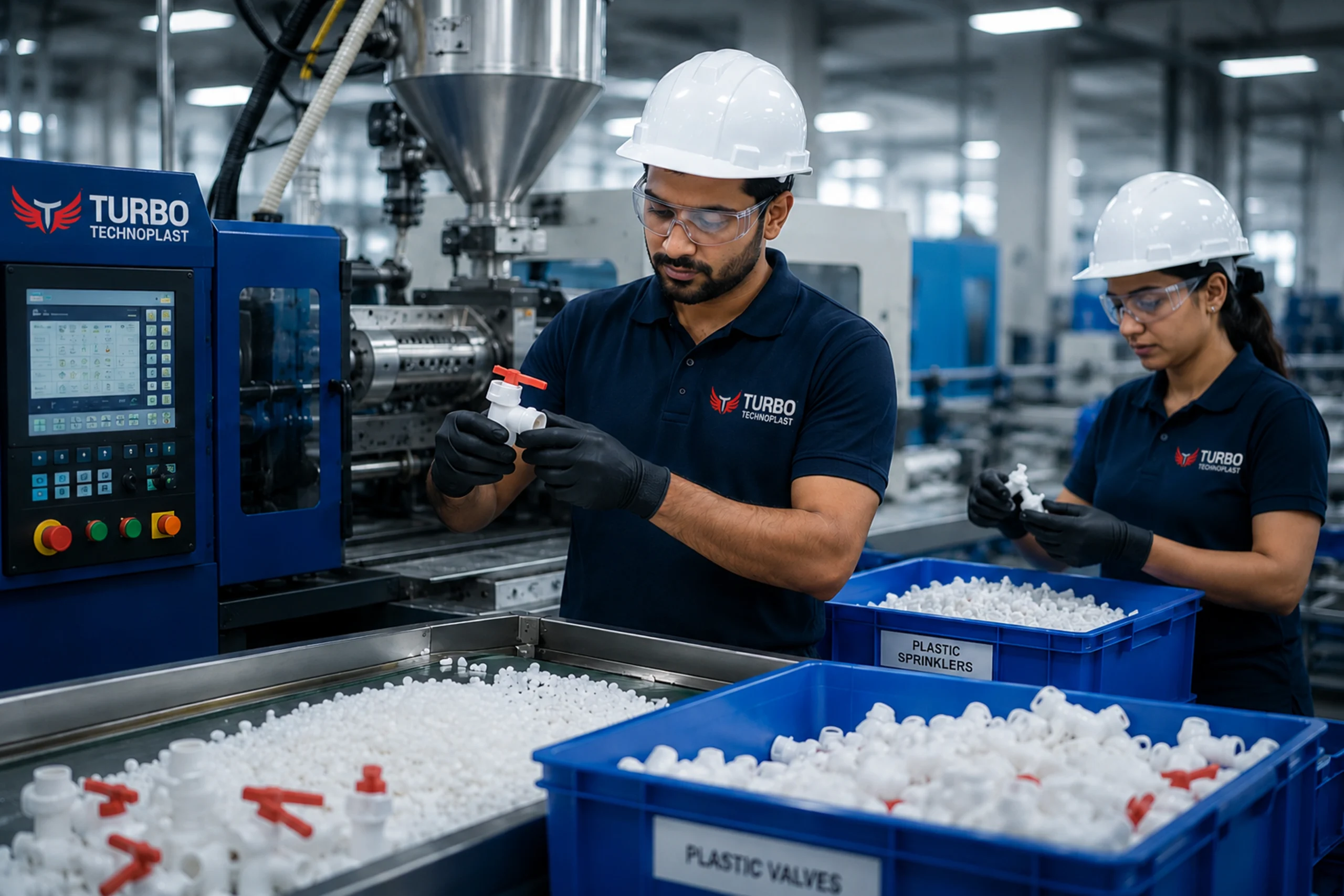 Turbo Technoplast engineer inspecting a precision plastic component on the production line